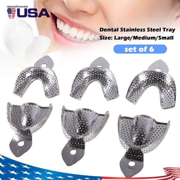 This creative showcases a complete six-piece set of stainless steel dental impression trays against a clean, clinical background to emphasize product utility.